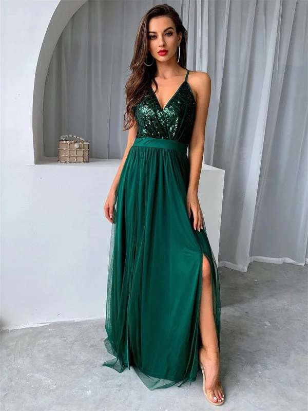 evening dress with cape-V Neck Backless Green Long Prom Dresses with Sequins Top, Backless Green Formal Graduation Evening Dresses