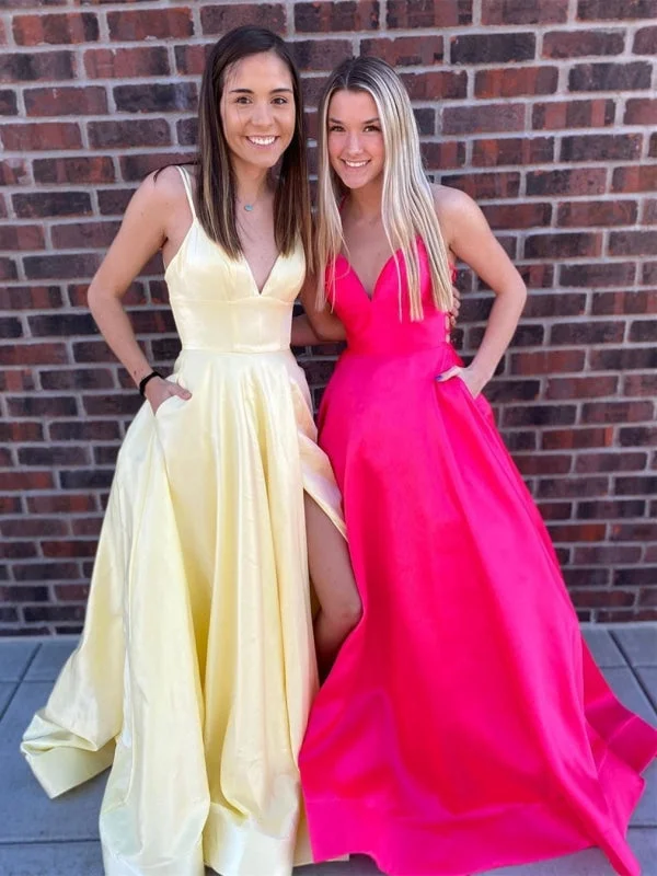 shimmering evening gown-V Neck Backless High Slit Yellow/Hot Pink Long Prom with Pockets, Yellow/Hot Pink Formal Graduation Evening