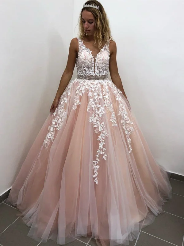 elegant evening dress with sleeves-V Neck Backless Long Pink Lace Prom, Pink Lace Formal, Pink Evening