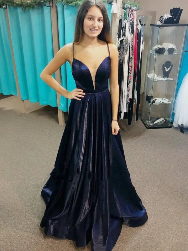 evening gown with sheer overlay-V Neck Backless Navy Blue Satin Long Prom, Long Dark Blue Formal Graduation Evening