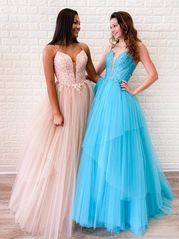 ball gown evening dress-V Neck Backless Pink/Light Blue Lace Long Prom, Open Back Pink/Light Blue Lace Formal, Pink/Light Blue Lace Evening