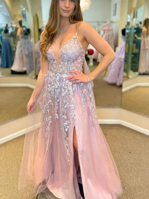 elegant evening dress with train-V Neck Backless Pink Long Prom Dresses with Lace Appliques, Pink Lace Formal Dresses, Long Pink Tulle Evening Dresses