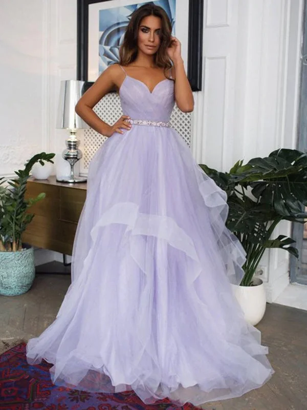 backless evening dress-V Neck Backless Purple Tulle Long Prom Dresses with Belt, Backless Purple Formal Graduation Evening Dresses