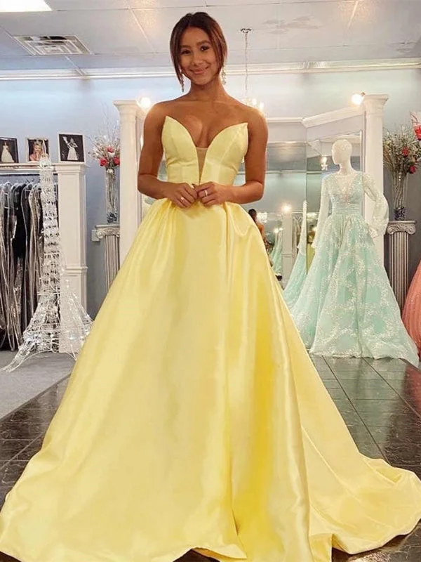 evening gown with appliqu茅s-V Neck Backless Strapless Yellow Long Prom Dresses, Backless Yellow Formal Graduation Evening Dresses