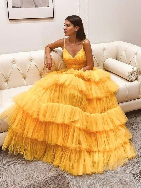 sophisticated evening dress-V Neck Backless Yellow Tulle Layered Long Prom, Layered Yellow Formal Evening