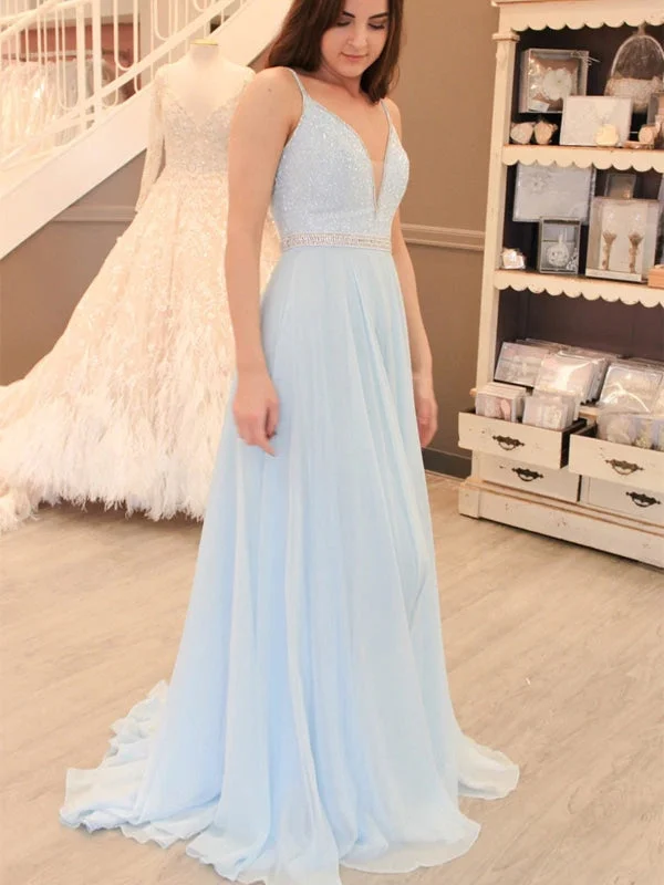 spaghetti strap evening gown-V Neck Beaded Baby Blue Long Prom Dresses, Open Back Beaded Baby Blue Formal Evening Dresses