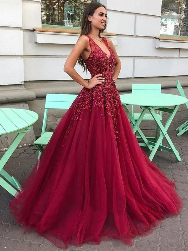 evening dress with blouson top-V Neck Burgundy Floral Long Prom, 3D Flower Burgundy Long Formal Evening