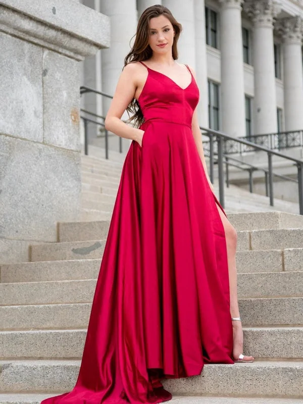 pleated evening gown-V Neck Burgundy Satin Long Prom Dresses with Side Slit, V Neck Burgundy Formal Graduation Evening Dresses