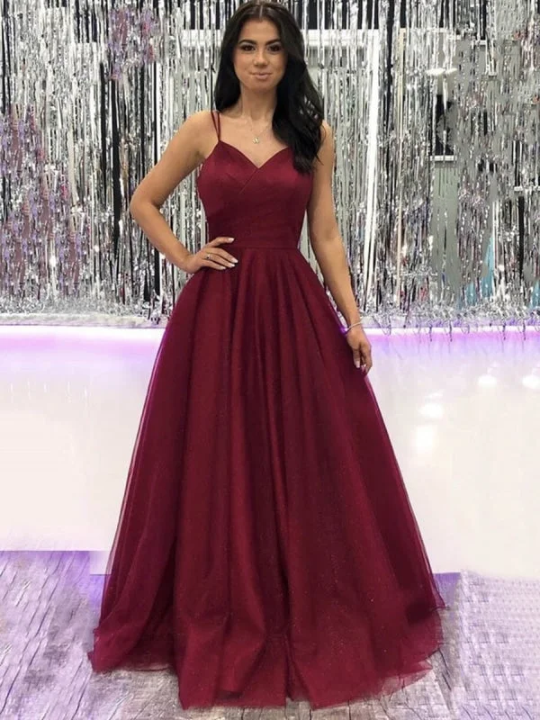 elegant satin evening dress-V Neck Burgundy Tulle Long Prom, Long Wine Red Tulle Formal Evening