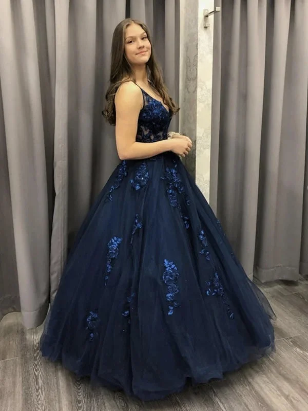 elegant white evening dress-V Neck Dark Blue Lace Long Prom Dresses, Dark Blue Lace Formal Dresses, Dark Blue Evening Dresses, Ball