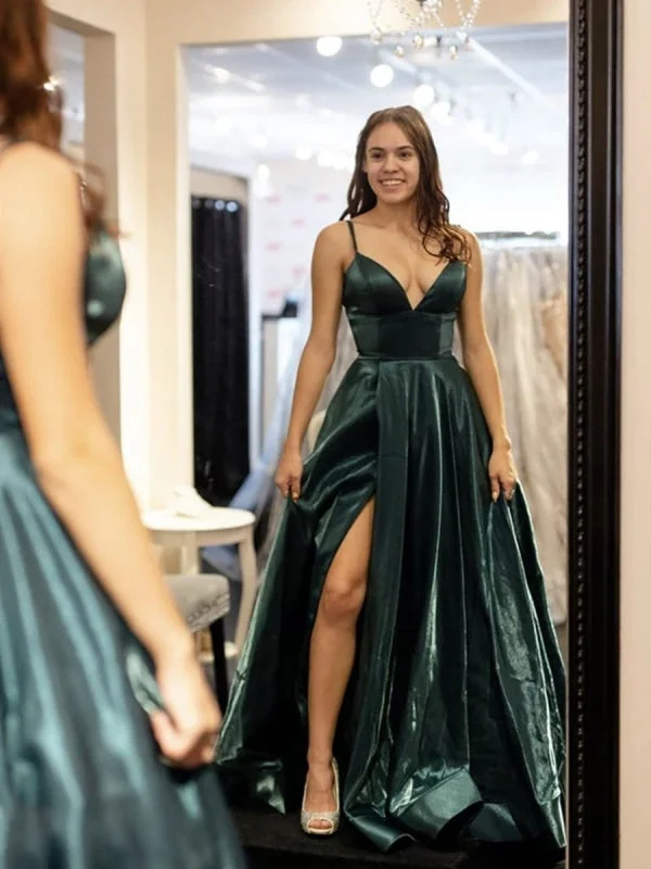 ruched evening gown-V Neck Dark Green Long Prom with High Slit, V Neck Dark Green Formal, Green Evening