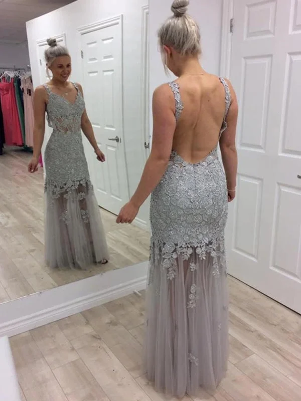 illusion back evening gown-V Neck Floor Length Backless Mermaid Grey Lace Appliques Long Prom, Mermaid Grey Lace Formal Evening