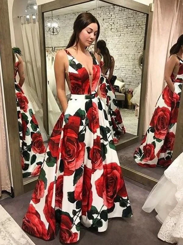 evening dress with lace appliqu茅-V Neck Floral Long Prom Dresses with Pockets