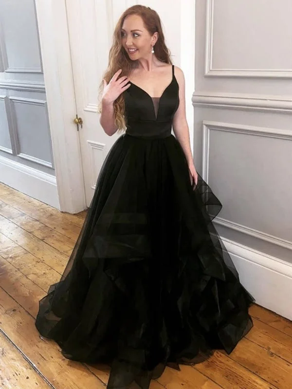 evening dress with plunging neckline-V Neck Fluffy Black Tulle Long Prom Dresses, Black Formal Evening Dresses, Ball