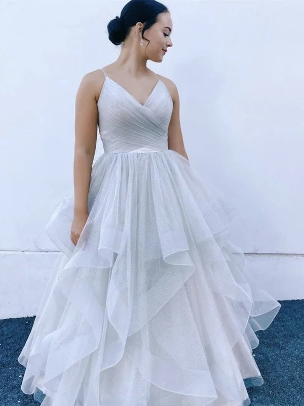 elegant evening attire-V Neck Fluffy Light Gray Long Prom Dresses, V Neck Light Gray Formal Evening Dresses, Light Gray Ball Gown