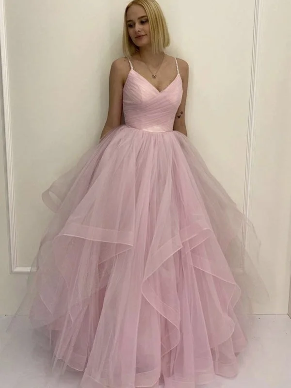 illusion back evening gown-V Neck Fluffy Pink Long Prom Dresses, V Neck Pink Formal Evening Dresses, Pink Ball