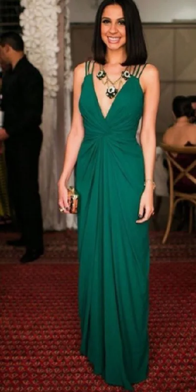 ruched evening gown-V Neck Green Prom Dresses Chiffon Floor Length