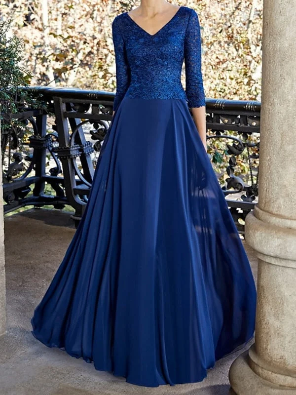 sleeveless evening gown-V Neck Half Sleeves Blue Lace Long Prom Dresses, Blue Chiffon Formal Dresses, Blue Evening Dresses