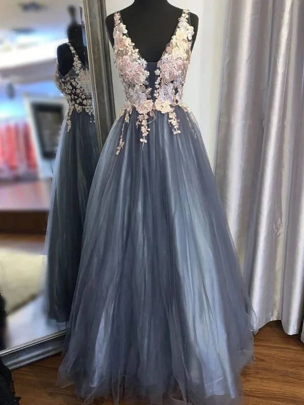 evening gown with appliqu茅s-V Neck Lace Smoke Blue Long Prom Dresses, Smoke Blue Formal Graduation Evening Dresses with