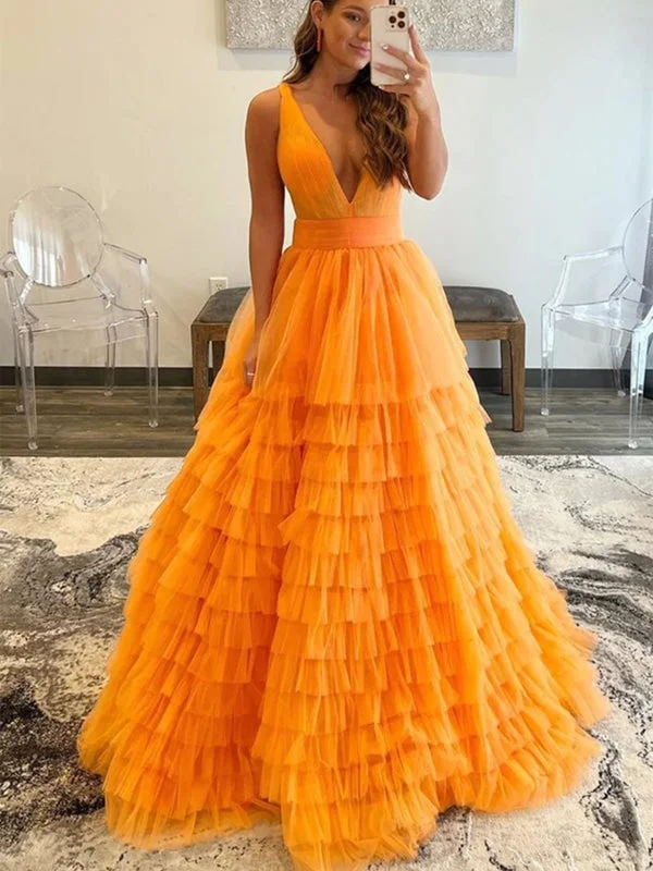 evening gown with beads-V Neck Layered Orange Tulle Long Prom Dresses, Orange Tulle Formal Evening Dresses