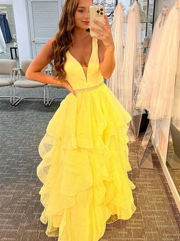 evening dress with embroidery-V Neck Layered Yellow Tulle Long Prom Dresses with Belt, V Neck Yellow Formal Graduation Evening Dresses