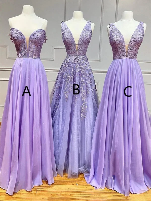 elegant white evening dress-V Neck Lilac Lace Long Prom Dresses, Off Shoulder Lilac Formal Dresses, Lilac Lace Evening Dresses