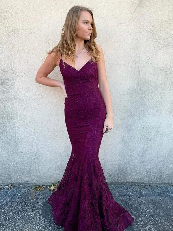 evening gown with sheer overlay-V Neck Long Backless Mermaid Lace Purple Prom, Backless Mermaid Purple Lace Formal, Mermaid Lace Purple Evening