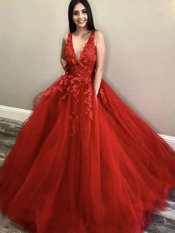 sheer back evening dress-V Neck Long Red Lace Floral Prom, Red Lace Formal, Red Floral Evening