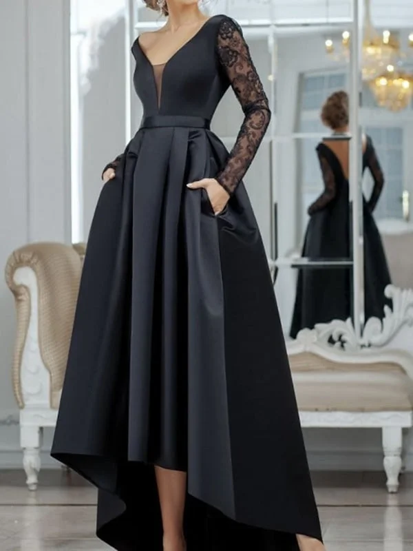 sheer sleeve evening gown-V Neck Long Sleeves Black Lace Long Prom Dresses, High Low Black Formal Dresses, Black Lace Evening Dresses