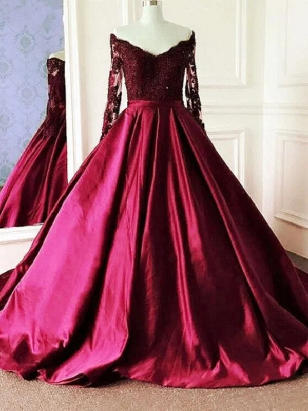 elegant evening dress-V Neck Long Sleeves Burgundy Lace Long Prom, Wine Red Long Sleeves Lace Formal Evening