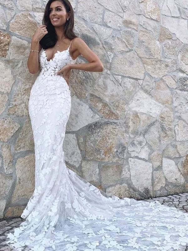 velvet evening gown-V Neck Mermaid White Appliques Long Wedding Prom with Train, Mermaid White Lace Appliques Formal Evening