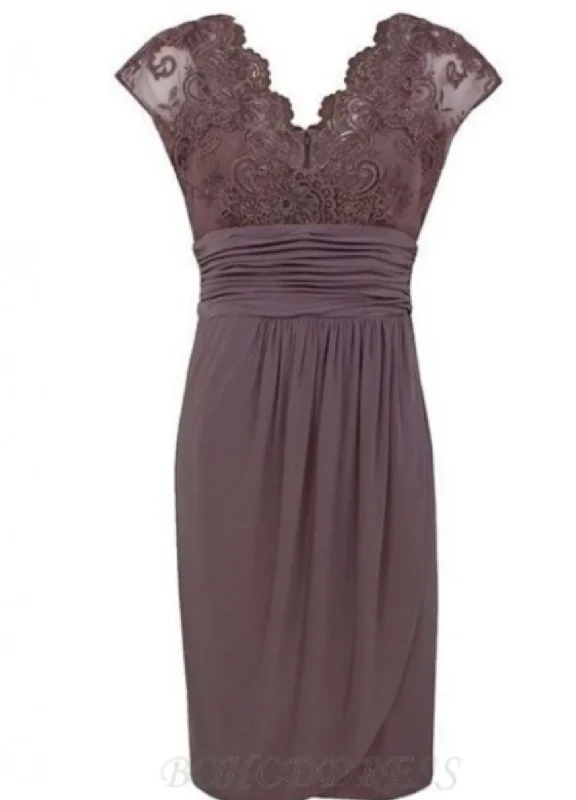 evening dress with bow detail-V Neck Mother of the Bride Dresses Tea Length