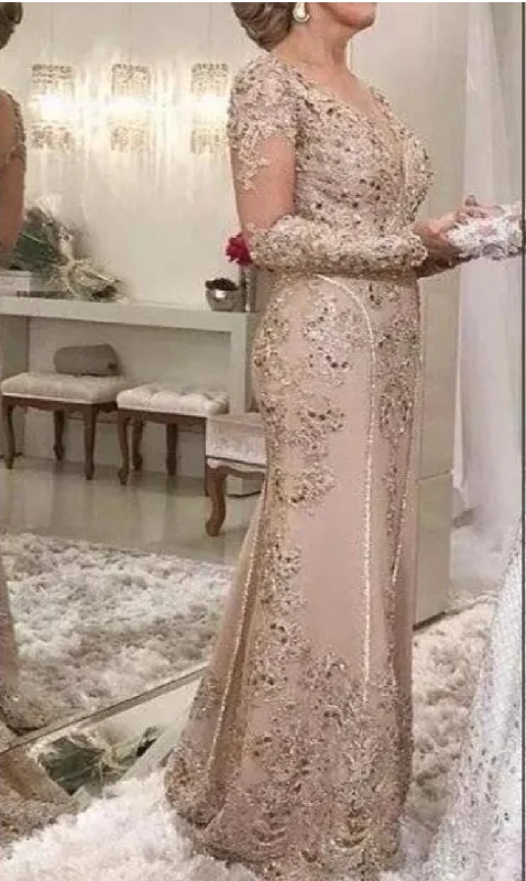 evening dress with sequins-V Neck Mother of the Bride Dresses with Sleeves