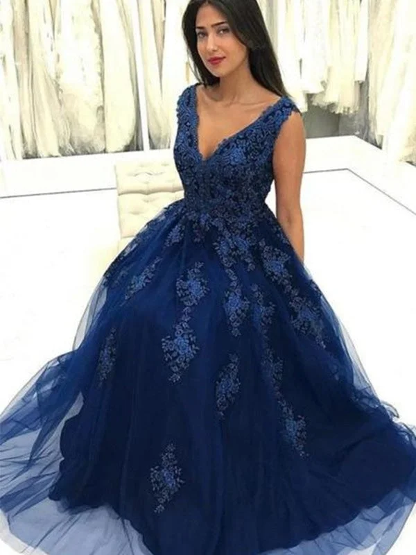 off-the-shoulder evening gown-V Neck Navy Blue Lace Long Prom Dresses, Navy Blue Lace Formal Dresses, Lace Floral Evening Dresses