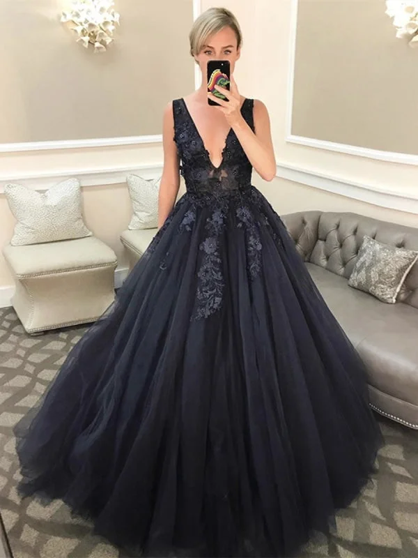 ruched evening gown-V Neck Open Back Beaded Appliques Black Lace Long Prom Dresses, V Neck Black Formal Evening Dresses, Black Ball