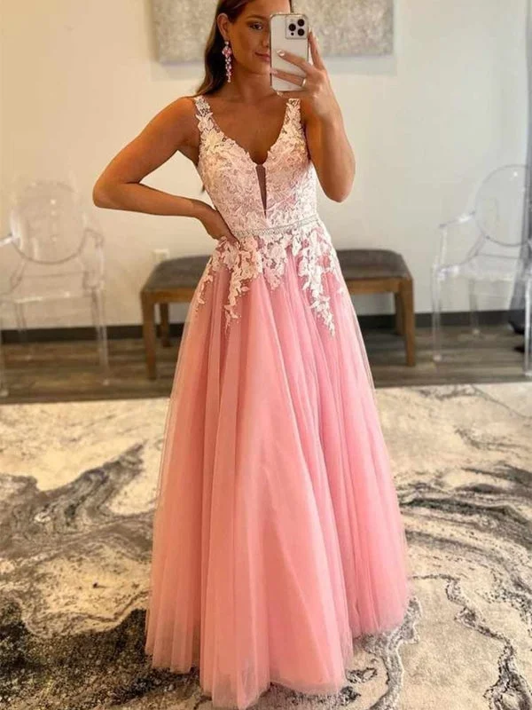 elegant lace overlay evening gown-V Neck Open Back Beaded Pink Tulle Lace Long Prom Dresses, Floor Length Pink Formal Graduation Evening Dresses