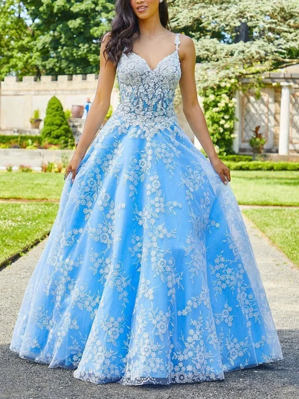 elegant peplum evening gown-V Neck Open Back Blue Long Prom Dresses with Lace Appliques, Blue Lace Formal Dresses, Blue Evening Dresses