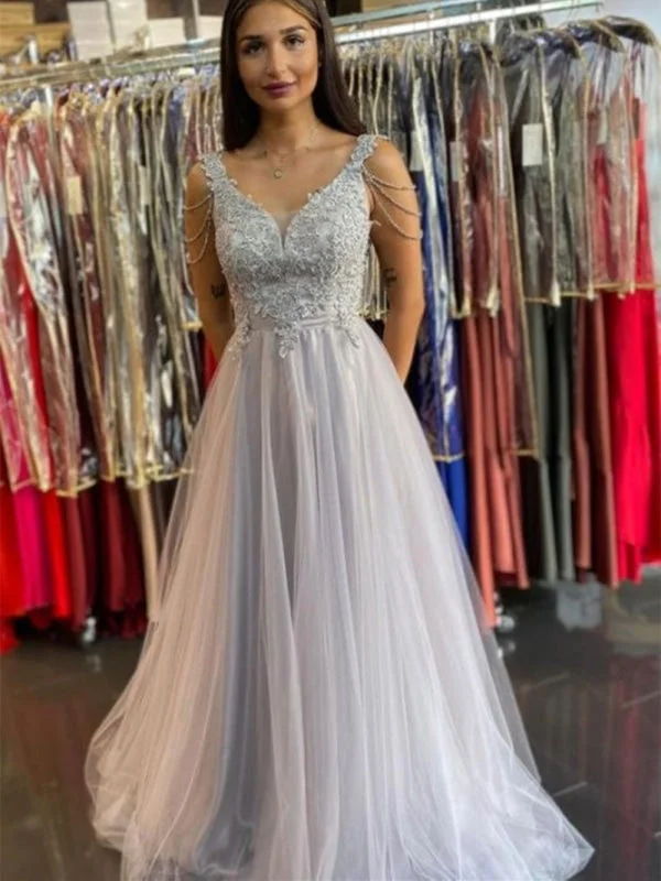 evening dress with cape-V Neck Open Back Gray Lace Long Prom Dresses, Long Grey Lace Formal Graduation Evening Dresses