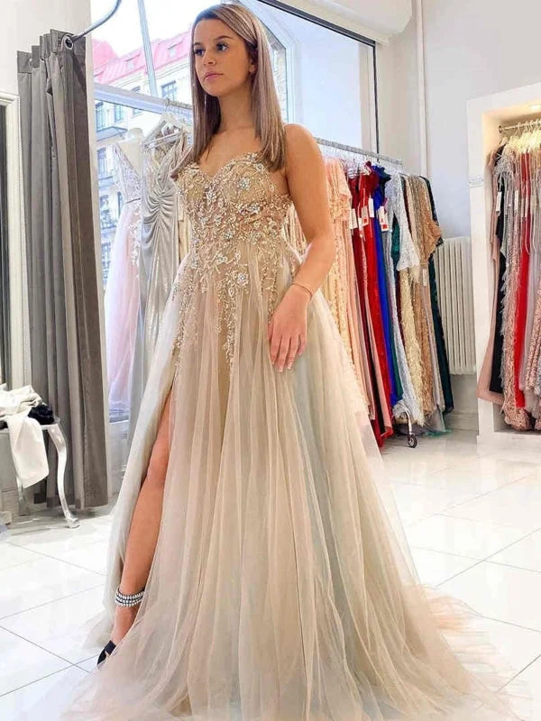 elegant evening gown with beads-V Neck Open Back Gray Tulle Beaded Long Prom Dresses with High Slit, Beaded Gray Formal Evening Dresses