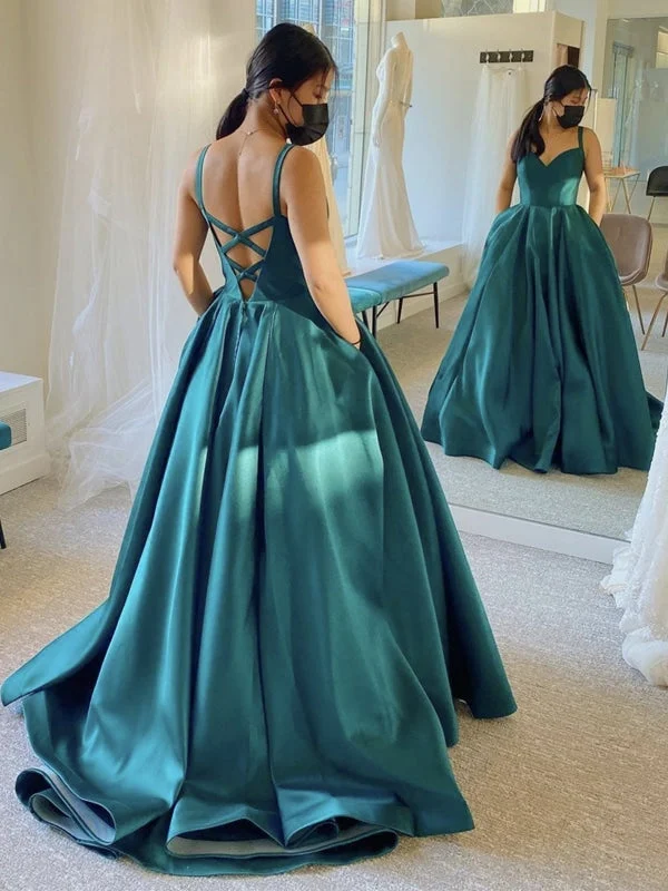 sweetheart neckline evening dress-V Neck Open Back Green Satin Long Prom Dresses, V Neck Green Formal Dresses, Green Evening Dresses