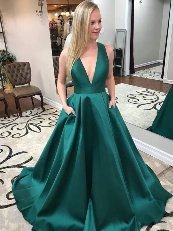 asymmetrical evening gown-V Neck Open Back Green Satin Long Prom with Pocket, V Neck Green Formal Evening