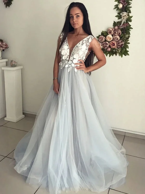 asymmetrical evening gown-V Neck Open Back Lace Appliques Gray Long Prom, Open Back Lace Gray Formal, Gray Lace Evening