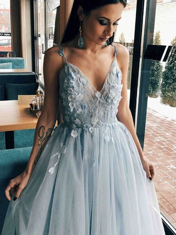 formal evening dress-V Neck Open Back Light Blue Floral Long Prom Dresses, V Neck Light Blue Formal Evening Dresses with Flowers