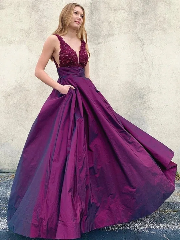 sleeveless tulle evening dress-V Neck Open Back Purple Lace Long Prom with Pockets, V Neck Purple Lace Formal, Lace Purple Evening