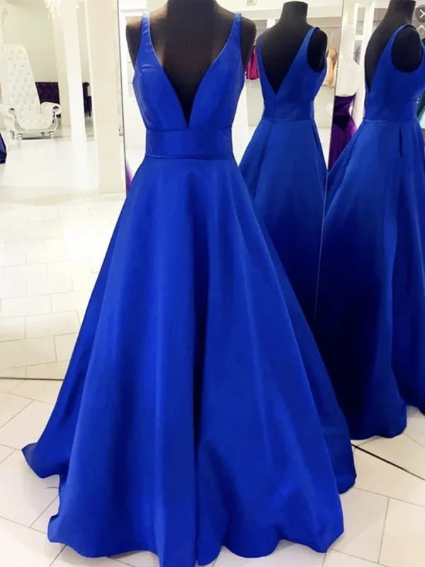 backless evening dress-V Neck Open Back Royal Blue Long Prom, Royal Blue Formal, Evening