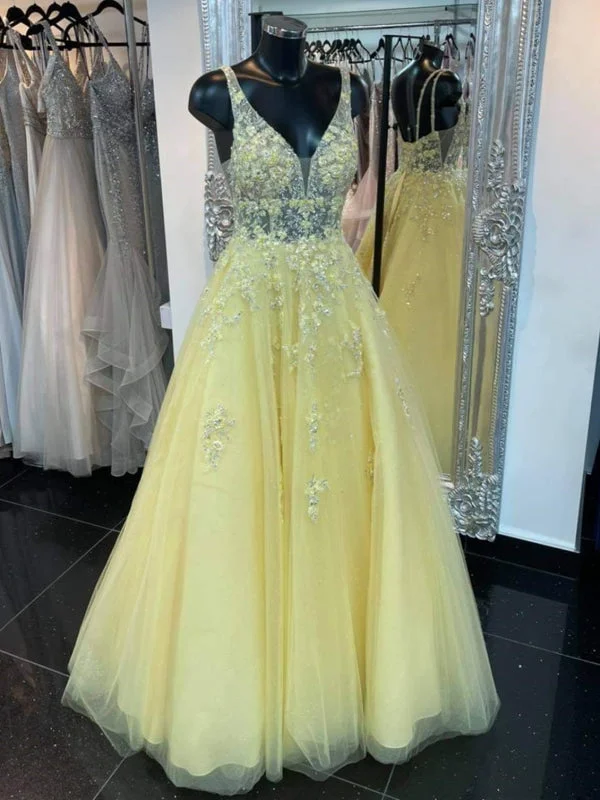 fishtail evening dress-V Neck Open Back Yellow Lace Floral Long Prom Dresses, Yellow Lace Floral Formal Dresses, 3D Flowers Yellow Evening Dresses