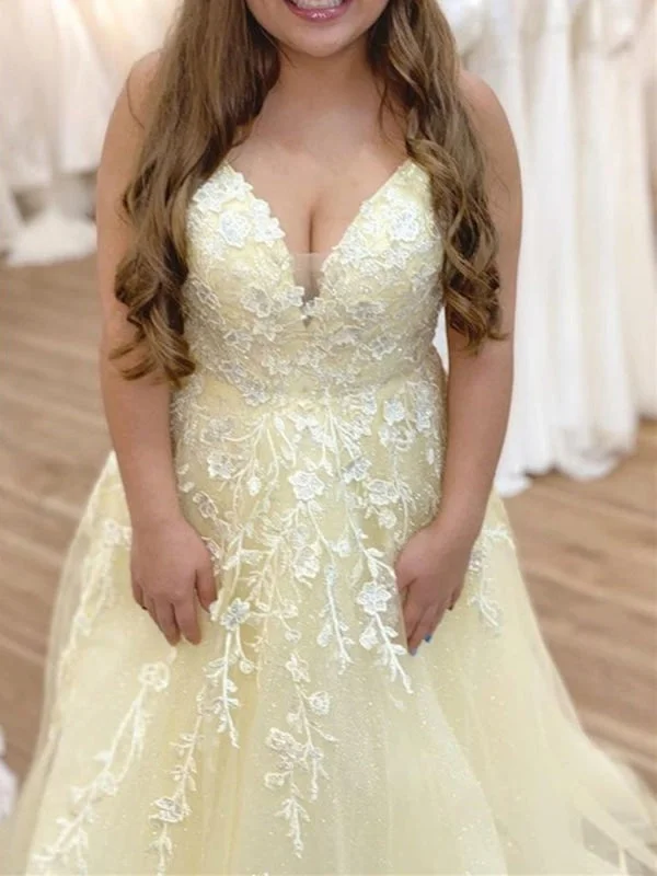 asymmetrical evening gown-V Neck Open Back Yellow Lace Floral Long Prom, Yellow Lace Formal, Yellow Evening