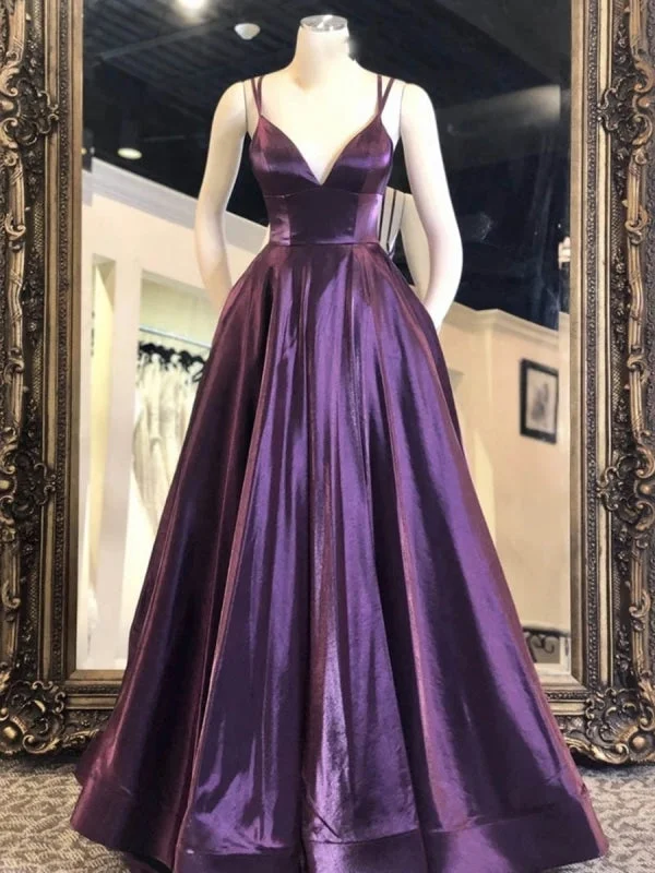 velvet evening gown-V Neck Purple Satin Long Prom, Purple Formal Graduation Evening