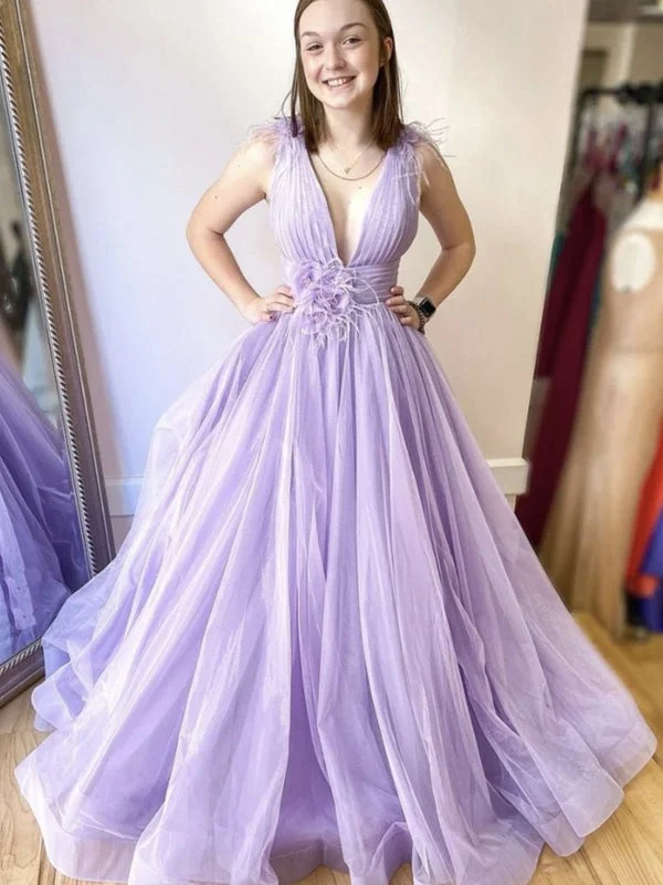 sweetheart neckline evening dress-V Neck Purple Tulle Long Prom, Long Purple Formal Evening