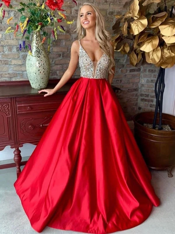 scalloped hem evening gown-V Neck Red Long Prom Dresses 2020 with Silver Sequins, V Neck Red Formal Dresses, Red Evening Dresses, Ball